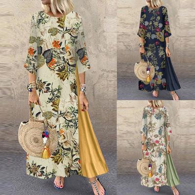 Women Vintage Print Floral Patch Dress 3/4 Sleeve Loose Maxi Dress