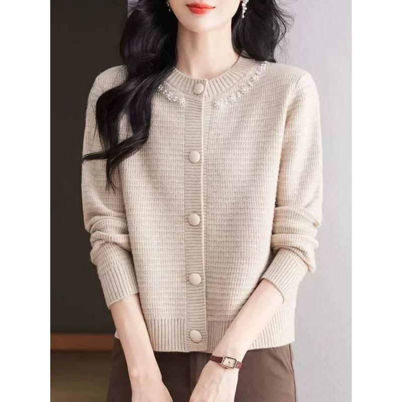 Women S Loose Long Sleeve Round Neck Solid Color Knit Cardigan For Spring Autumn