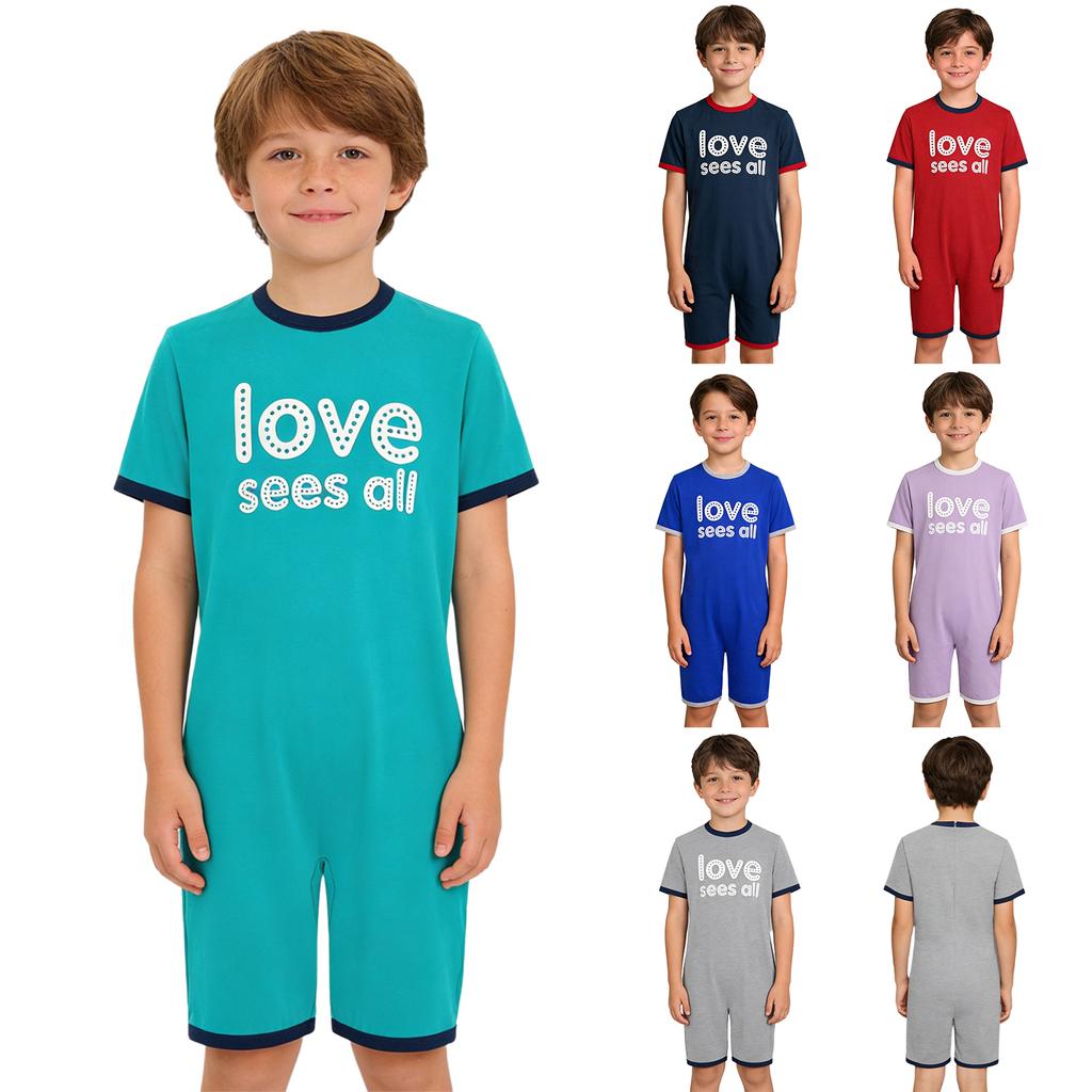 Mono Adaptativo para Niños con Necesidades Especiales Antidesgarro Trasero Cremallera Invisible Manga Corta Estampado de Letras Ribete de Contraste Mono para Niños Niñas