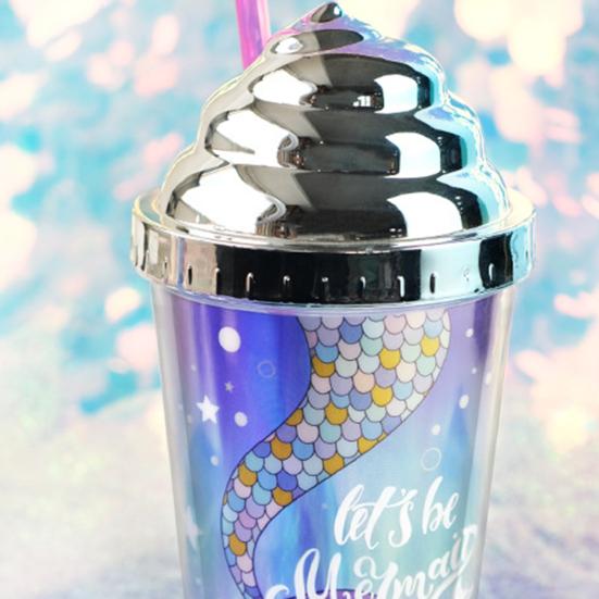 420ml Water Cup with Straw Double Wall Heat Insulated BPA Free Leak-proof Drinkware Plastic Mermaid Pattern Sippy Cup for School