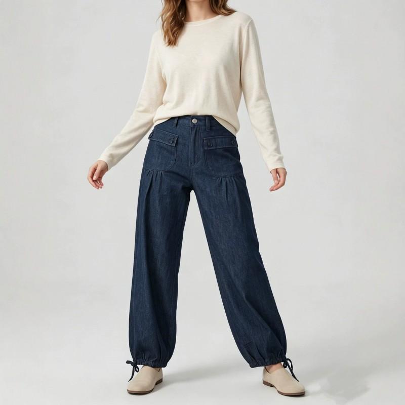 Womens Wide Leg Jeans Loose Fit Pocket Design Ruffled Cuffs Washed Denim Mid Waist Long Pants