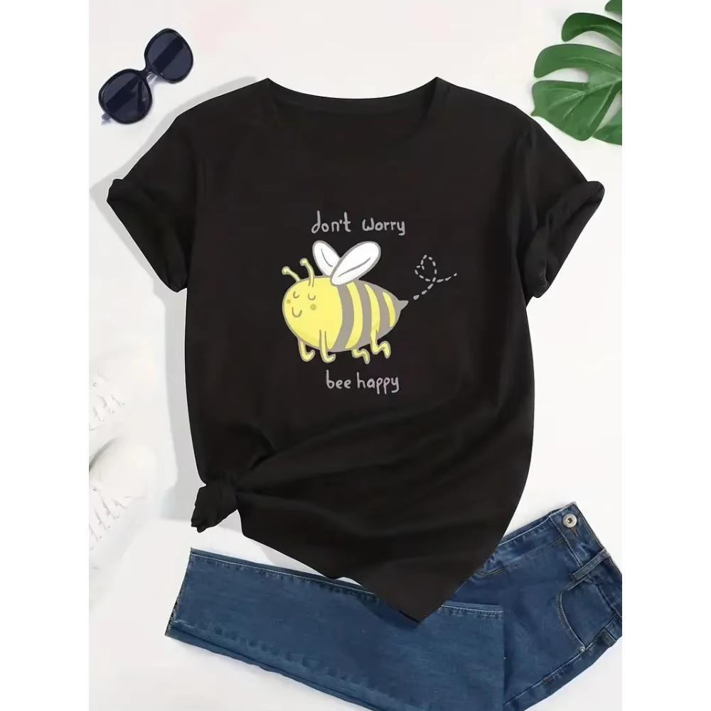 Cartoon Bee Print Crew Neck T-Shirt Casual Short Sleeve T-Shirt For Summer Women's Clothing Print Summer Y2K Casual Clothes