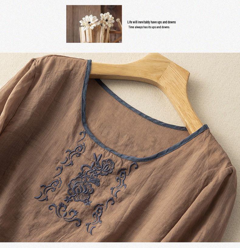 2024 Summer Retro Embroidered Cotton-Linen Colorblock Chinese Style Pullover Shirt