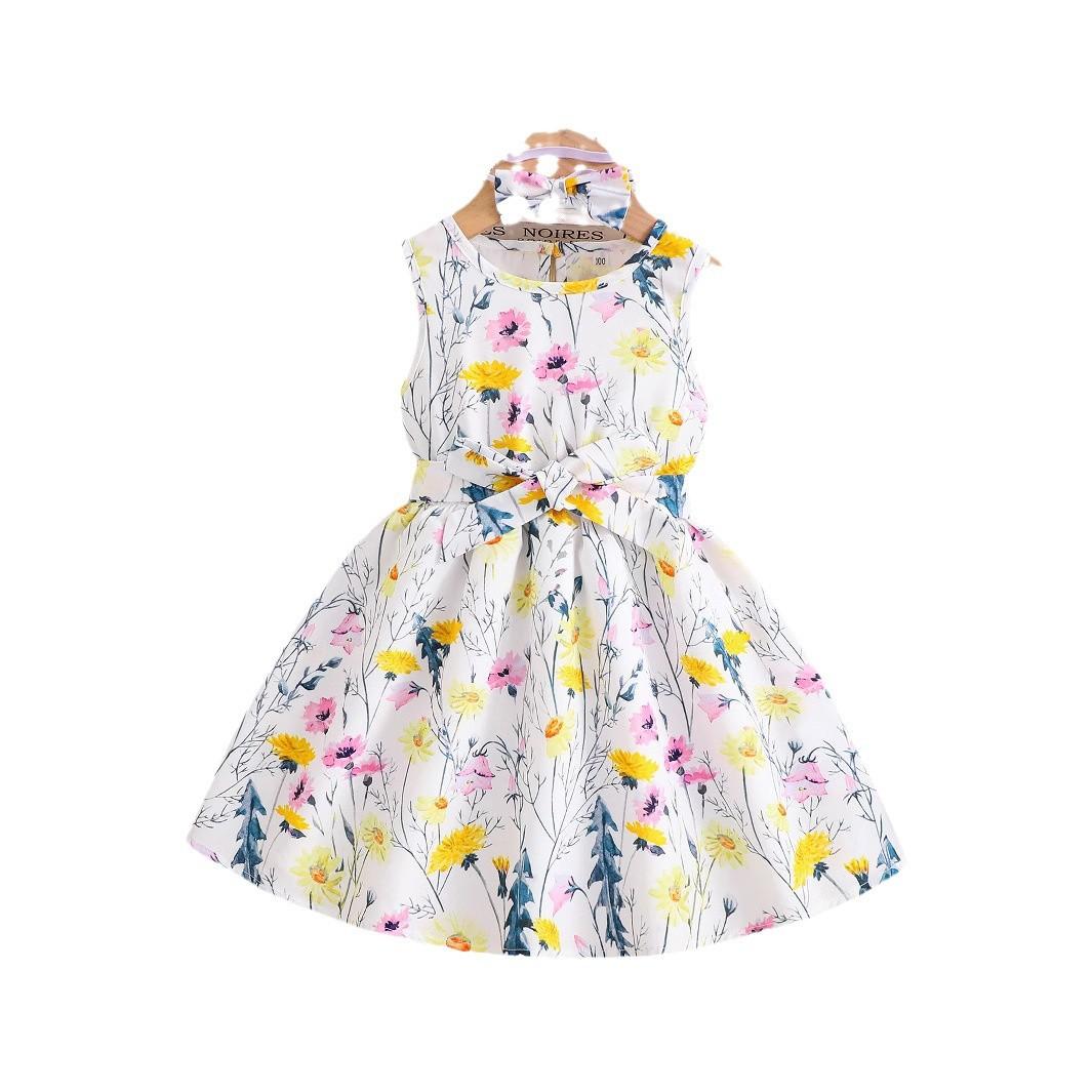 

Платье с коротким рукавом для девочек, летнее детское модное платье с цветочным принтом для принцессы-феи 110cm лимонно-желтый