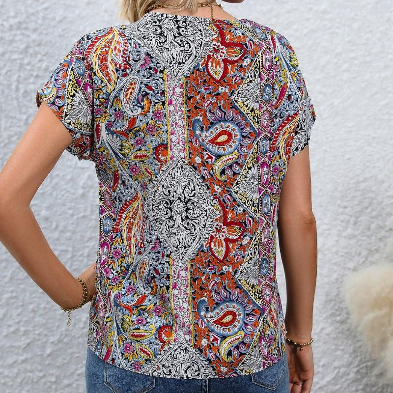 Bluză de femei retro imprimeu boemă de vară Topuri casual Elegante de plajă cu mâneci scurte cămăși largi pentru femei Moda vacanță bluze pentru femei 24482