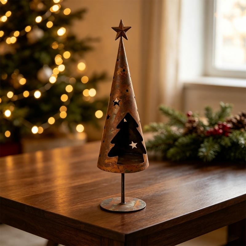 Rust Design Iron Candle Display in a Christmas Tree Shape with Star Detail and Aged Finish for Holiday Dinners and Living Room
