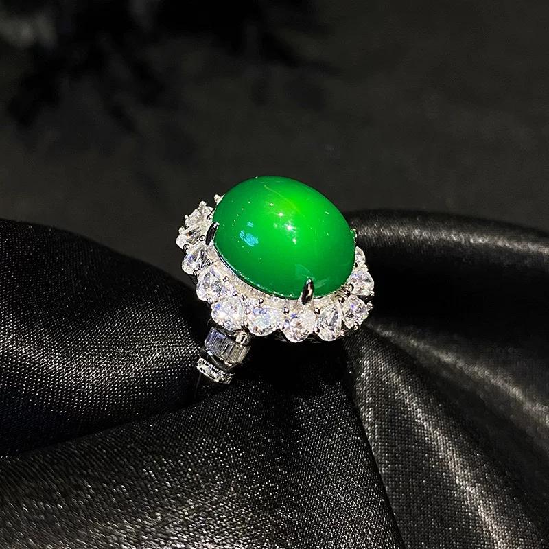 Natural Ice Transparent Green Chalcedony Agate Full Diamond Oval Ring Women's Retro Fashion Temperament Light Luxury Personality Versatile Ring