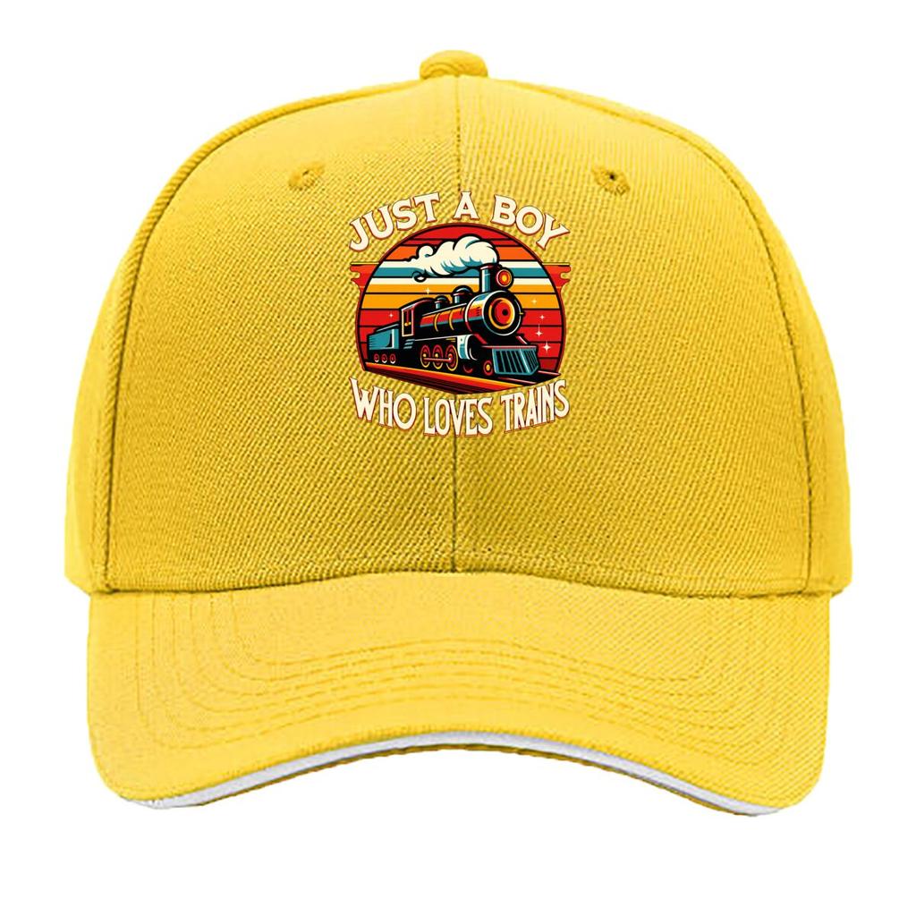 Just A Boy Who Loves Trains Vintage Steam Locomotive Sandwich Baseball Cap Unisex Women Sun Cap Outdoor Workouts Hat