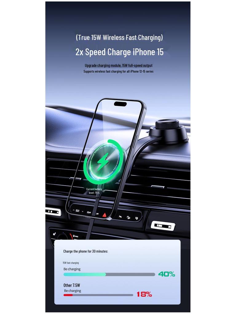 Magnetic Car Phone Holder with 15W Wireless Fast Charging & Cooling