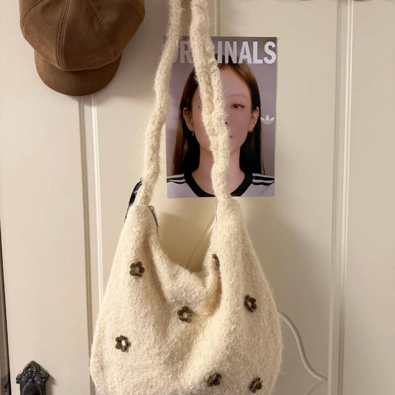 Flower Tote Bag with Drawstring, Large Capacity, Embroidered, for Daily Commuting, Single Shoulder, Slanted Crossbody Bag