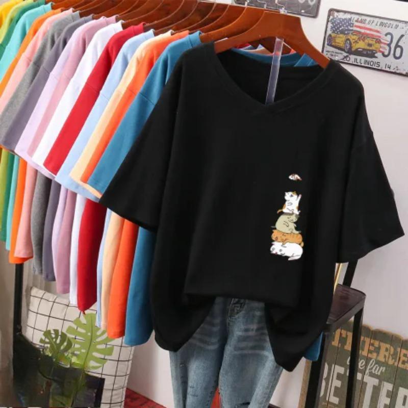 Short-sleeved T-shirt for Women, Large Size, Loose and Slimming, Printed V-neck Top