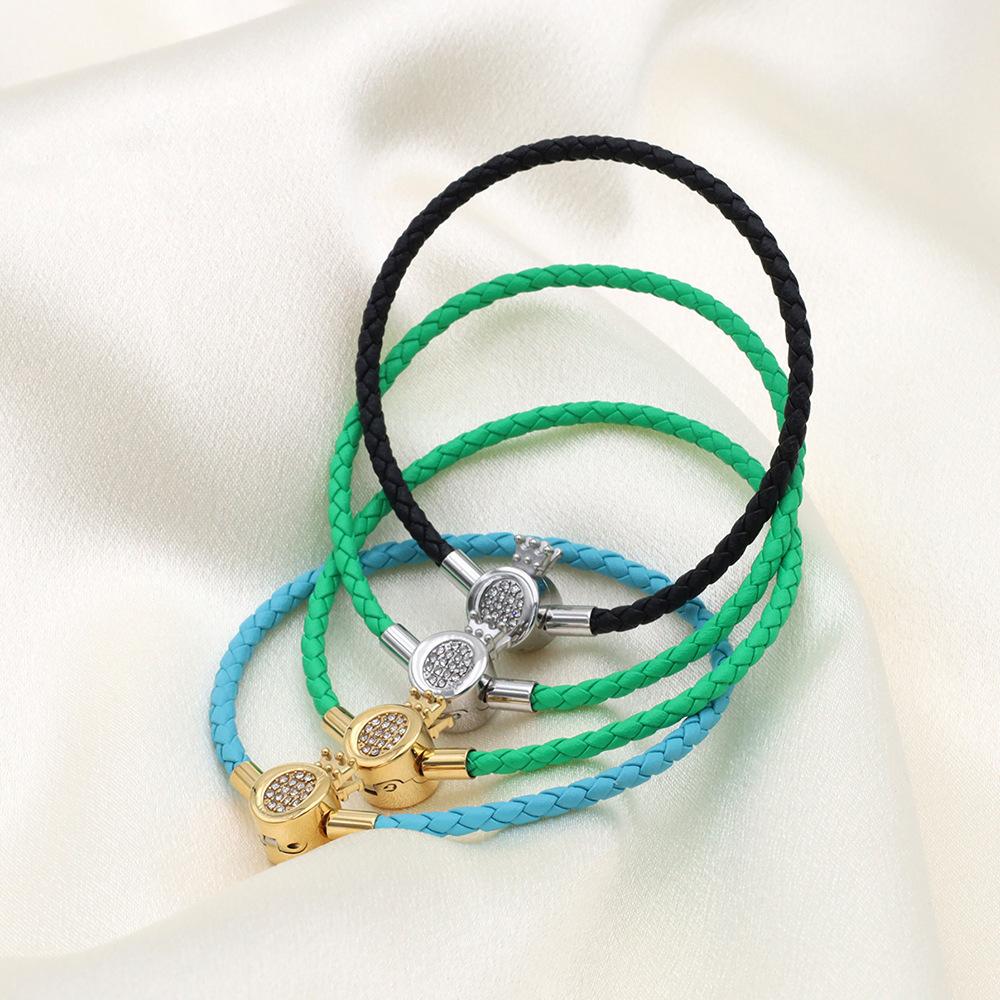 Accessories Niche Design Titanium Steel Diy Handmade Crown Press Buckle Bracelet Fashion Weave Leather Hand Rope Women