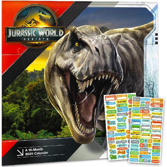 Jurassic World Calendar 2026 - Deluxe 2026 Jurassic World Dinosaurs Wall Calendar Bundle with Over 100 Reminder Stickers (Jurassic Park Gifts, Office