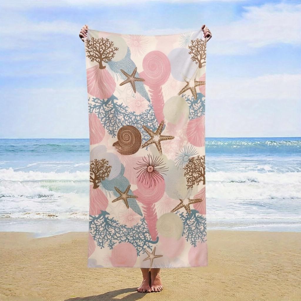 1Pc Quick-Dry Beach Towel, Colorful Shell Starfish Coral Print, Large Multifunctional Mat For Yoga, Travel, Camping, Swimming