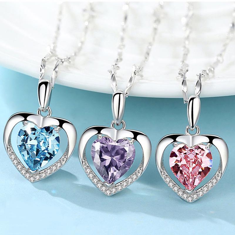 S925 Sterling Silver Ocean Heart Pendant Necklace with Rhinestones – Light Luxury Fashion for Women