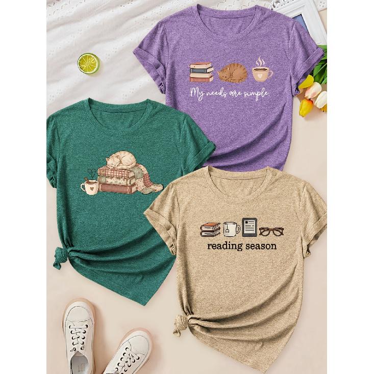 2026 Elegant Reading Season Cat Book Coffee Print Round Neck Women 3 Pack T Shirts Simple Slogan Needs Spring Summer Autumn Clothing Gift Set