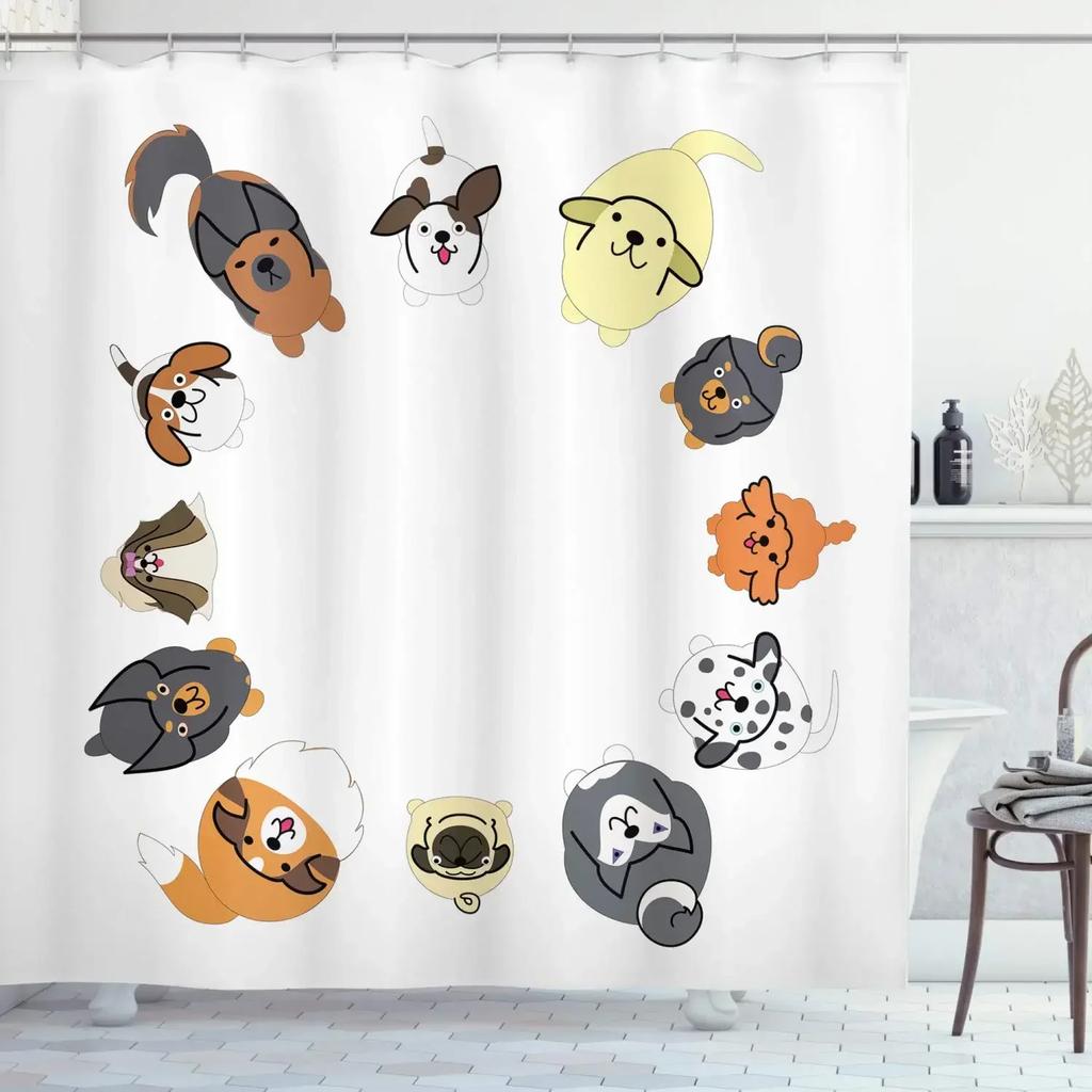 Cats and Dogs Shower Curtain Raining Cartoon Corgi Cute Animal Hilarious Pet Playing Water Polyester Waterproof Bathroom Curtain