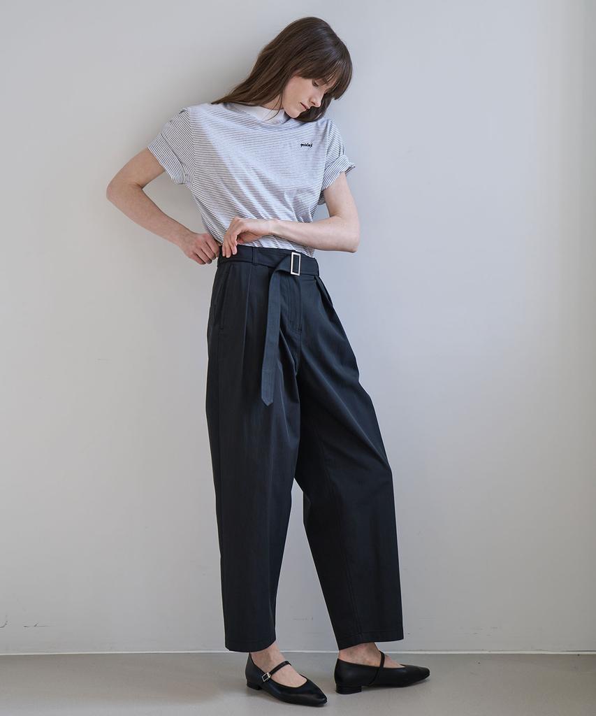 GRIDAJ Cotton Bio-Washed Belted Double-Pleated Pants _ Black