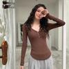 Women's Button V-Neck Long Sleeve Slim Fit T-Shirt