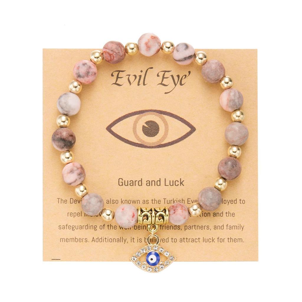 European-American Yoga Energy Bracelet with Natural Stone & Gold Spacer Beads, Featuring a Blue Evil Eye.