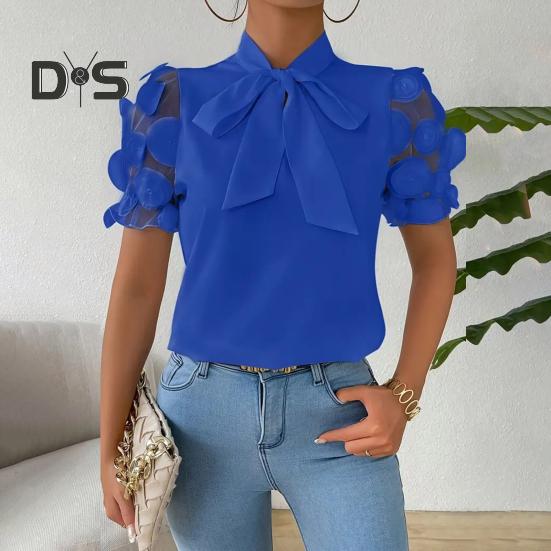 Damen-Shirt mit Schleifenausschnitt, Mesh-Jacquard, kurze Ärmel, Freizeithemd, einfarbige Bluse für den Alltag