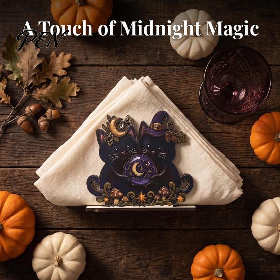 Seasonal Party Gift Halloween Wooden Napkin Holder, Ghost Black Cat Decorative Tabletop Tissue Stand Dispenser, Paper Towel Holder for Holiday Dining