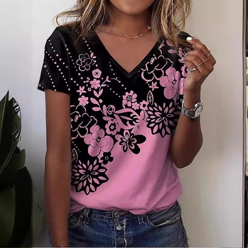 V-neck T-shirt Loose Casual Rose Trend Print Women's Fashion Top Shirt