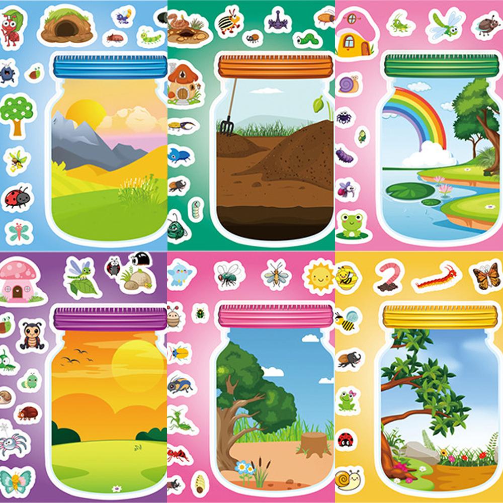 8/16sheets Outdoor Bottle World Make a Face Puzzle Stickers Insect Animal Cartoon Decals DIY Assemble Jigsaw Sticker Sticker Toy