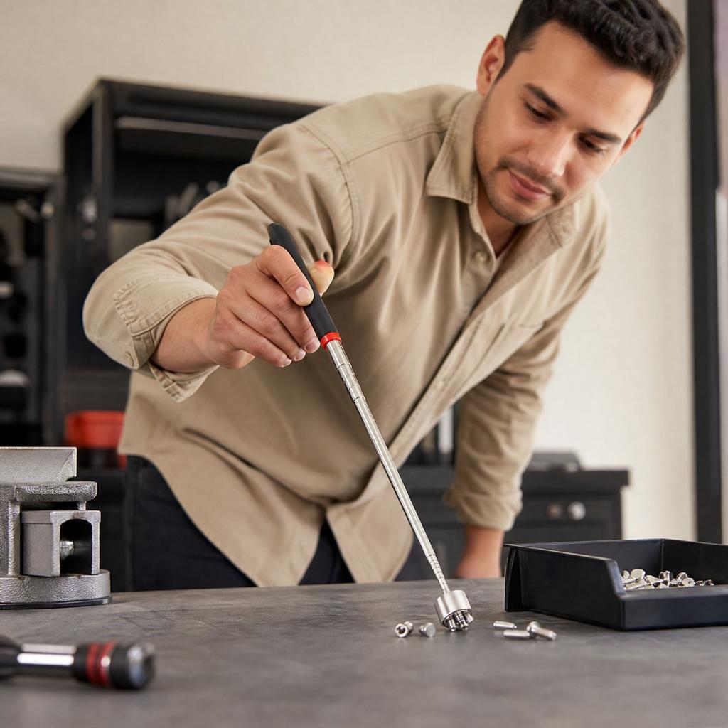 6- Telescoping Magnetic Pickup Tool with Extended, Retractable Sweeper for Dropped Objects