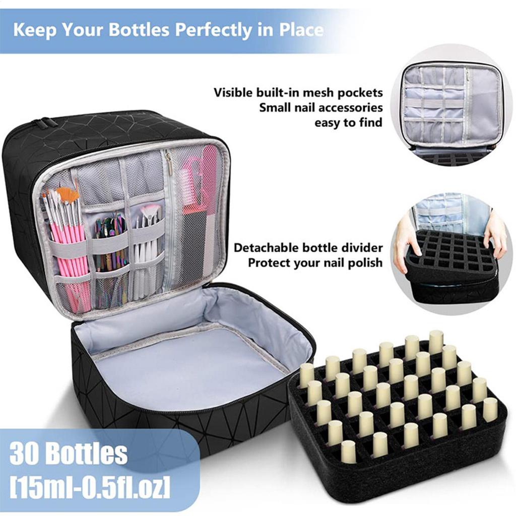 30 Grids Nail Organizer Black/Pink Double Layer Manicure Bag with Handle PU Nylon Makeup Bag Cosmetic Organizer Case