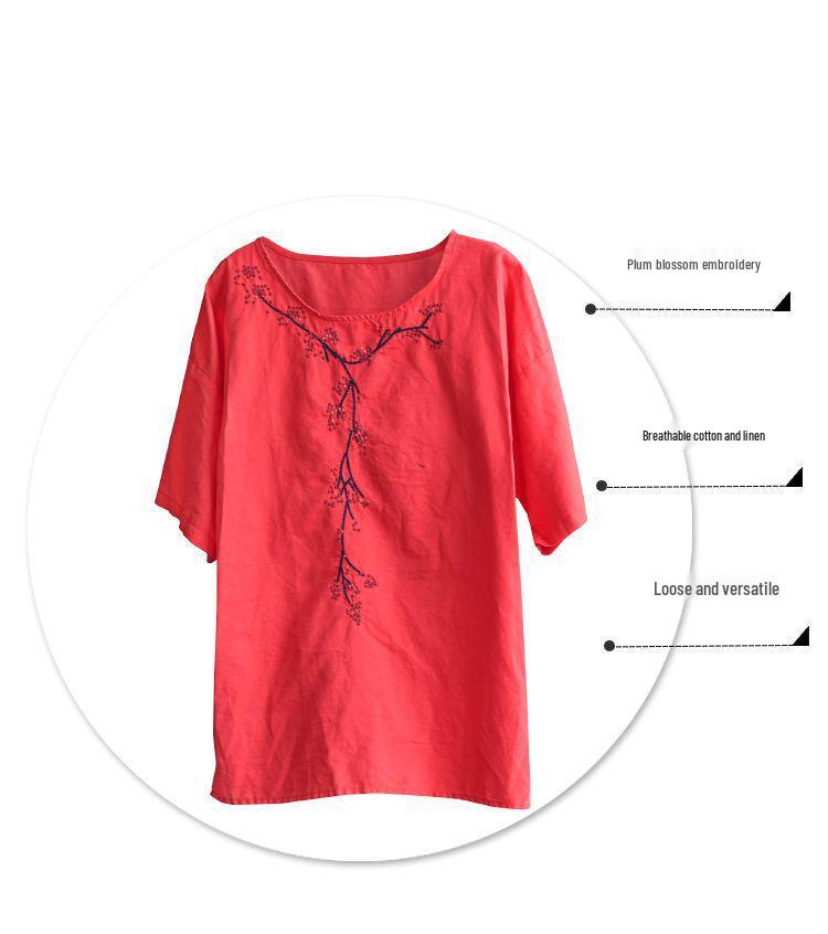 Damen Retro Floral Besticktes Baumwollleinen T-Shirt - Kurzarm, Rundhalsausschnitt, Vielseitiges Sommeroberteil