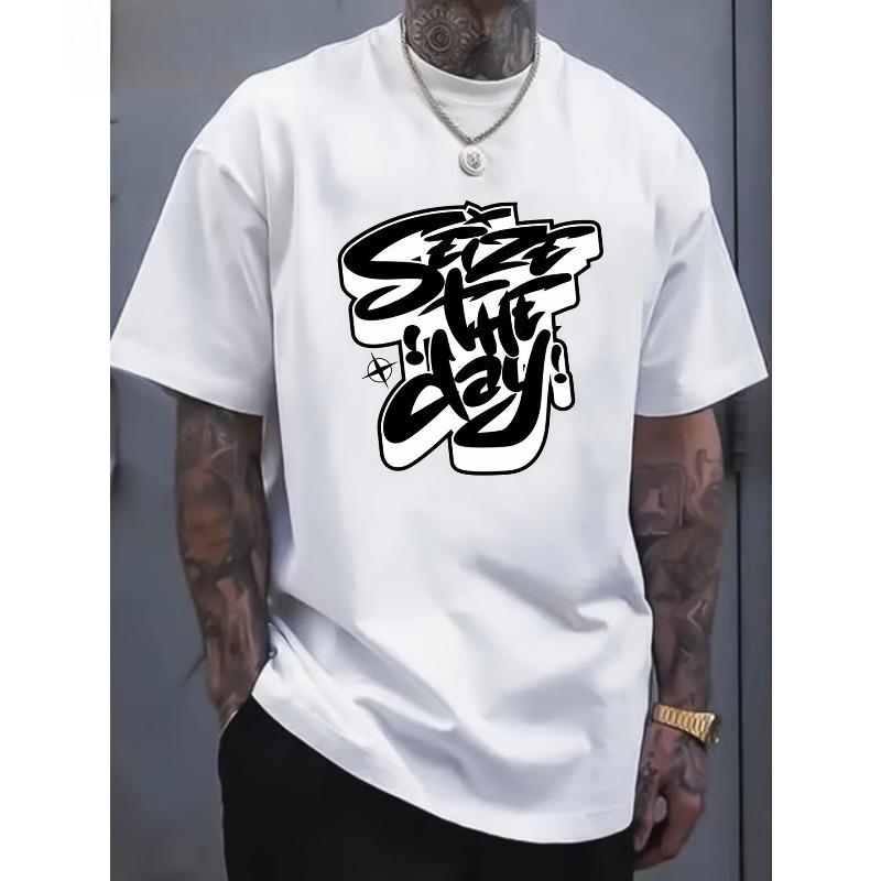 European Size Men'S Loose-Fitting Oversized T-Shirt Featuring a Motivational 'Seize The Day' Print - a White Retro Casual Tee with Short Sleeves