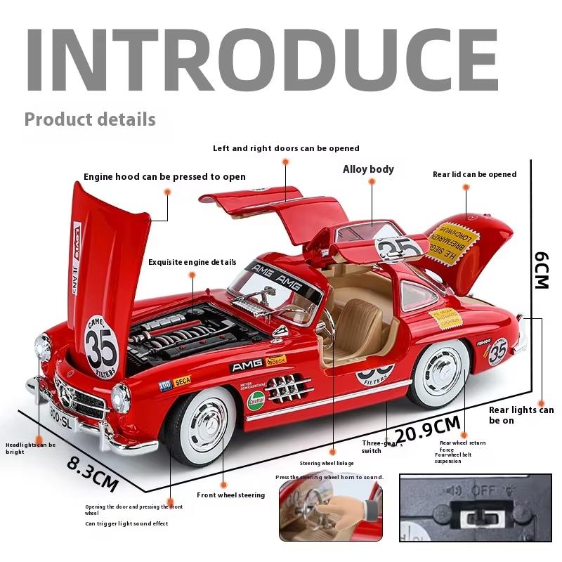 1:24 Modellini in Lega Laccata 300SL Retrò, Suoni e Luci Simulate, Raffinati Ornamenti da Scrivania, Regali di Natale