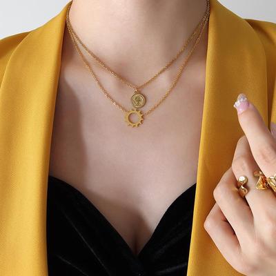 18K Gold Sun Embossed Portrait Pendant Necklace, Titanium Steel Clavicle Chain