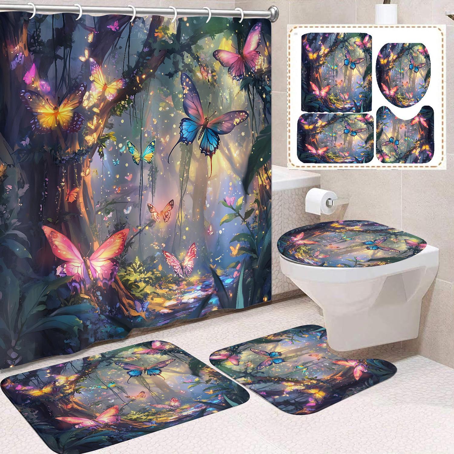 

4pcs Fantasy Butterfly Shower Curtain Set Enchanted Forest Wolf Moon Print Waterproof Bath Curtain 12 Hooks Non Slip Rugs Toilet Lid Cover Se 4Pcs
