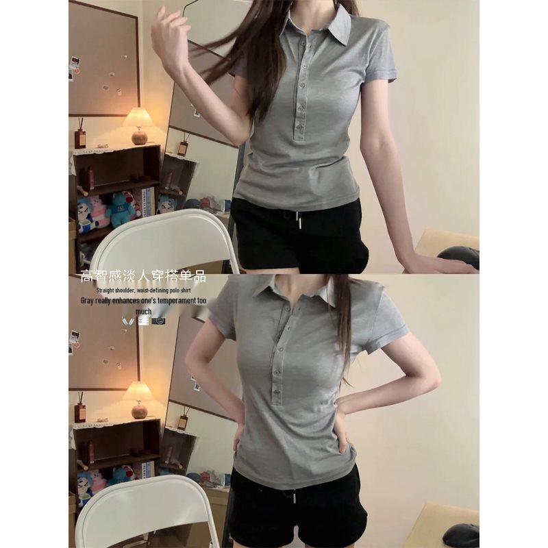 

Женская черная футболка-поло с коротким рукавом - Стиль Old Money, Приталенный крой, Отложной воротник, Летний топ для поездок на работу серый