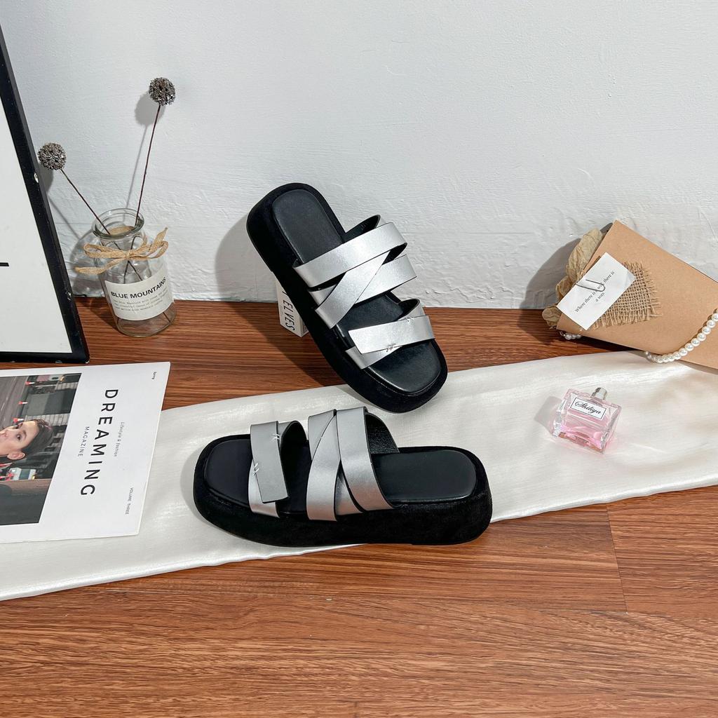 Yuanlitong square head thick-bottomed beach vacation casual slippers women sandals wear summer thick-bottomed heightening cool slippers women