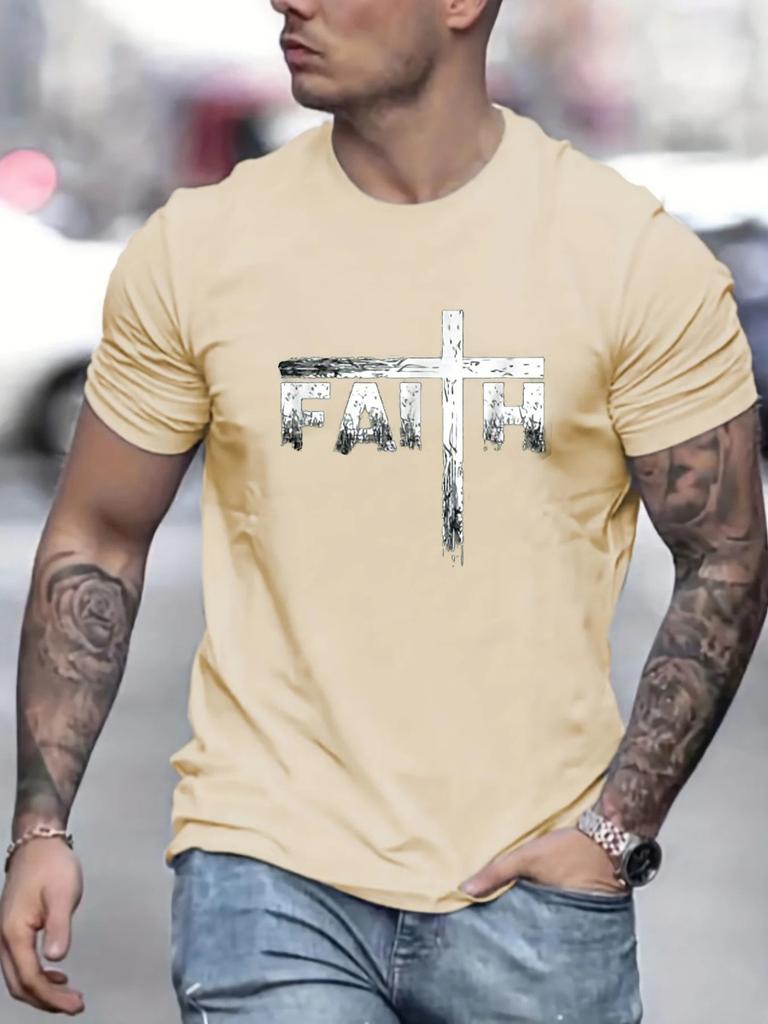 Men's Summer 3D Printed Men's T-shirt Faith Print Loose Large Casual Round Neck Short Sleeve T-shirt