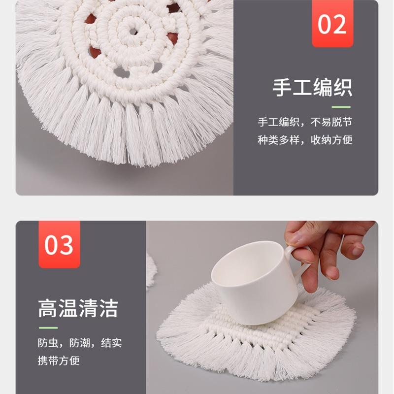 White Tassel Hand-woven Cotton Rope Coaster Nordic Style Insulation Mat Table Top Simple Decorative Mat Drinkware Coaster