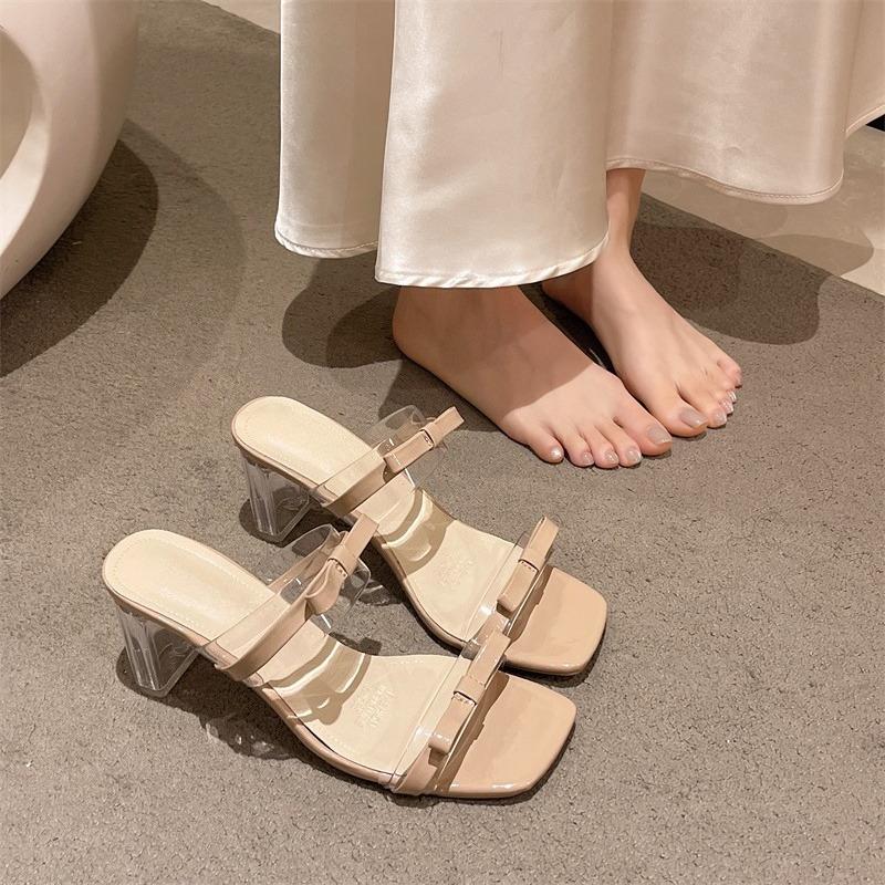 Fashion Clear Crystal Block Heel Outer Slippers 2025 Summer New Bow Square Toe Open Toe Platform One Word Mopping