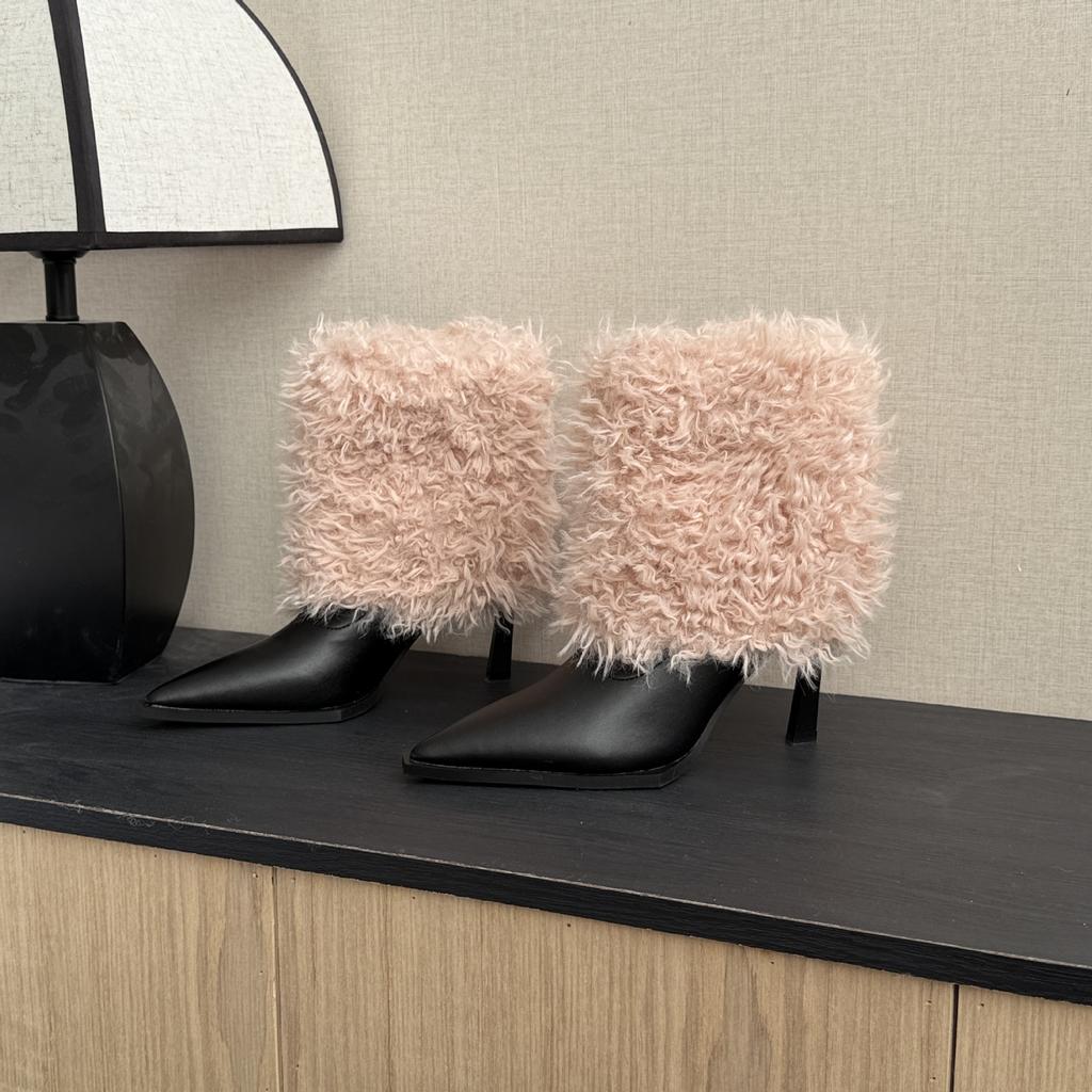 2025 autumn new thick high-heeled pink fluffy Martin fashion pointed mid-pass boots cover feet sexy women's short boots