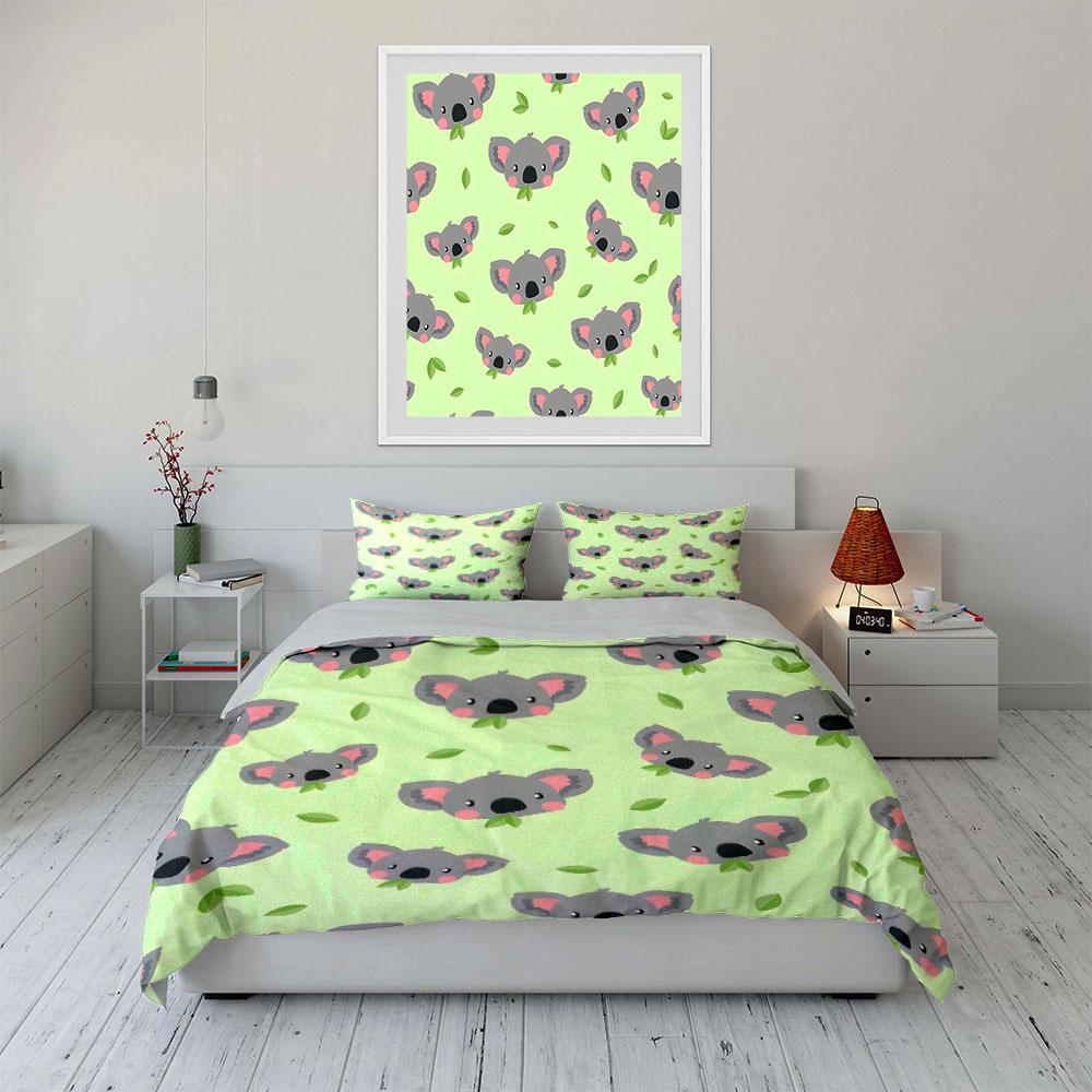 Cute Koala Pattern with Leaves Bedding Duvet Cover Set  (1*Duvet Cover 2*Pillowcases, without duvet insert)
