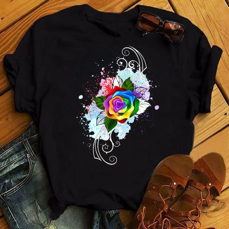 Colorful Butterfly Rose Print Women T Shirt Short Sleeve O Neck Loose Women Tshirt Ladies Tee Shirt Tops Camisetas Mujer