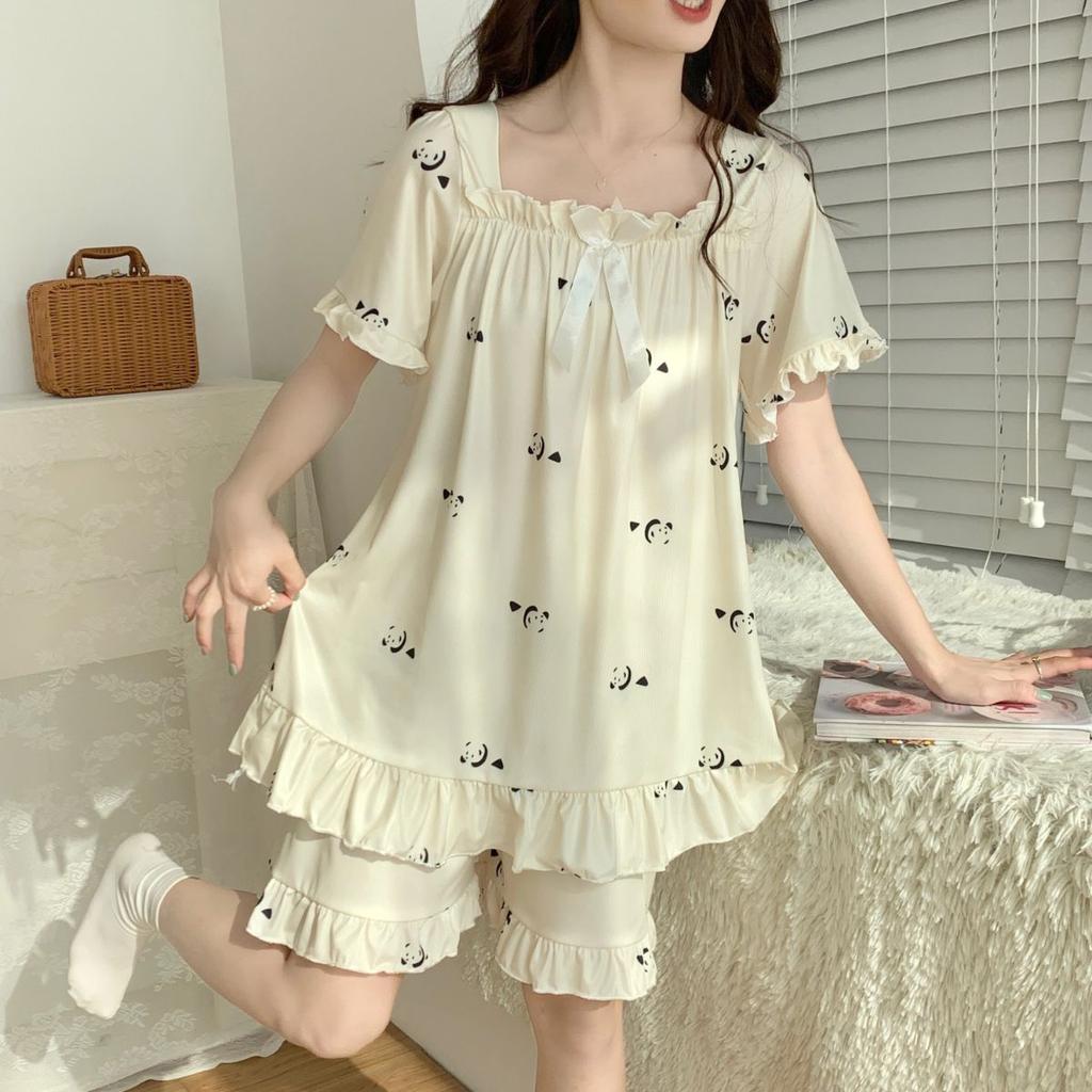 Summer Ice Silk Short Sleeved Set, Oversized Casual Pajamas, Women's Summer Home Clothing, Comfortable and Loose