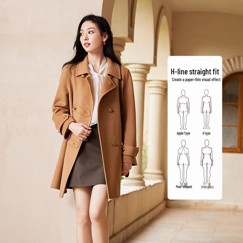 VICTORIA&VERA Women's Gold Double-Breasted Wool Blend H-Line Coat
