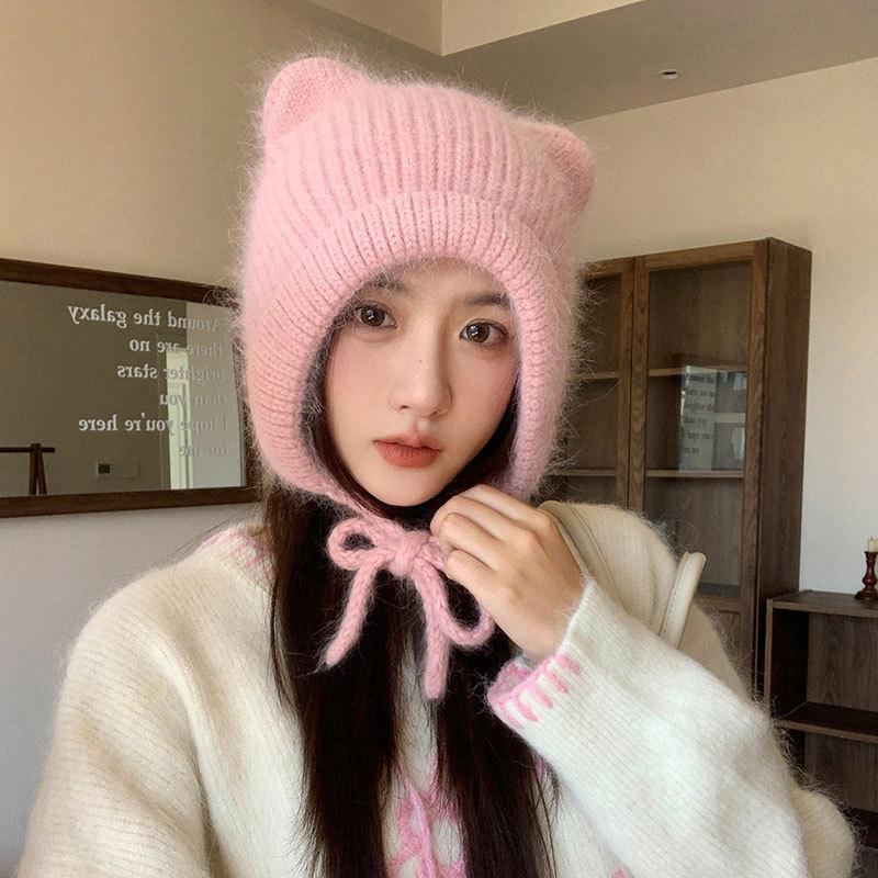 Cute Ears Autumn and Winter Wool Rabbit Hair Straps Candy-colored Wool Hat Bag Head Ear Protection Knitting with Student Warm Girl