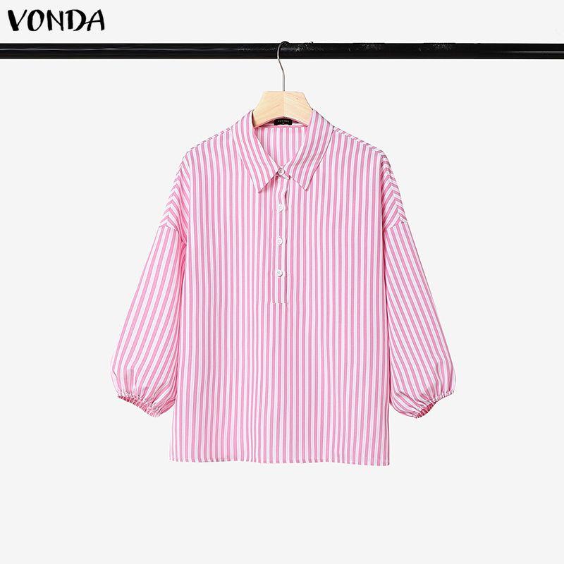 VONDA Womens Casual Striped Two Piece Outfits Long Sleeve Buttons Shirt and Drawstring Wide Leg Pants Loungewear Sets