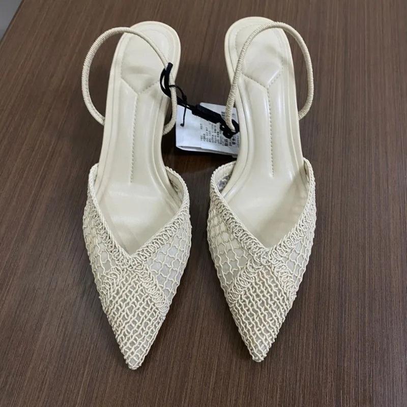 Fashion Brand Hollow Out Woven High Heels Women Summer Sandals Pointed Toe Breathable Light White Wedding Party Office Lady Dress Shoes