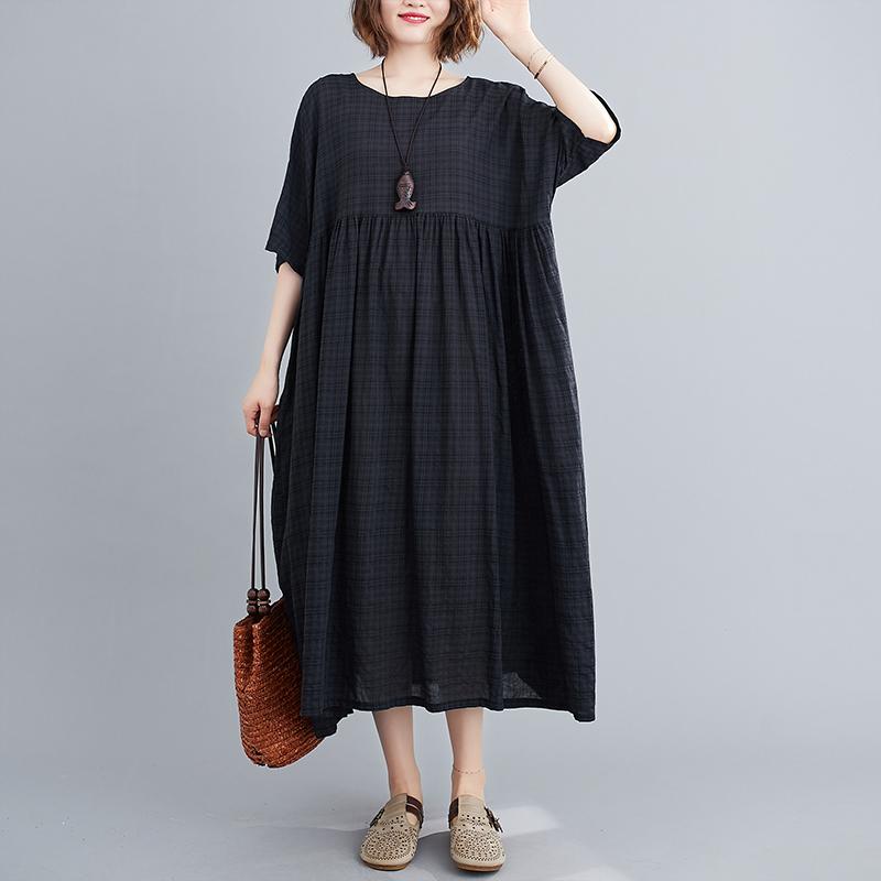 Robe d'été longue et décontractée en coton à manches courtes et à carreaux vintage pour femme, grande taille