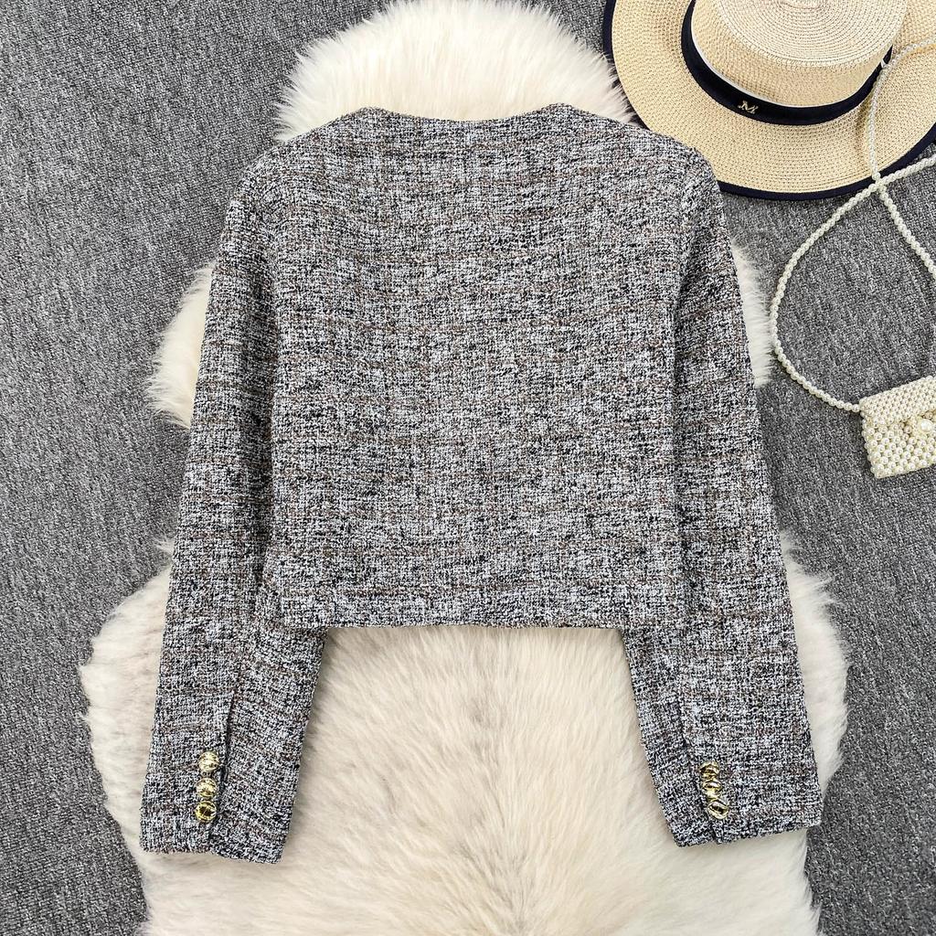 Autumn Winter Women Elegant Little Fragrant Wind Full Sleeve Single Breasted Tweed Short Jacket Coat With Pocket